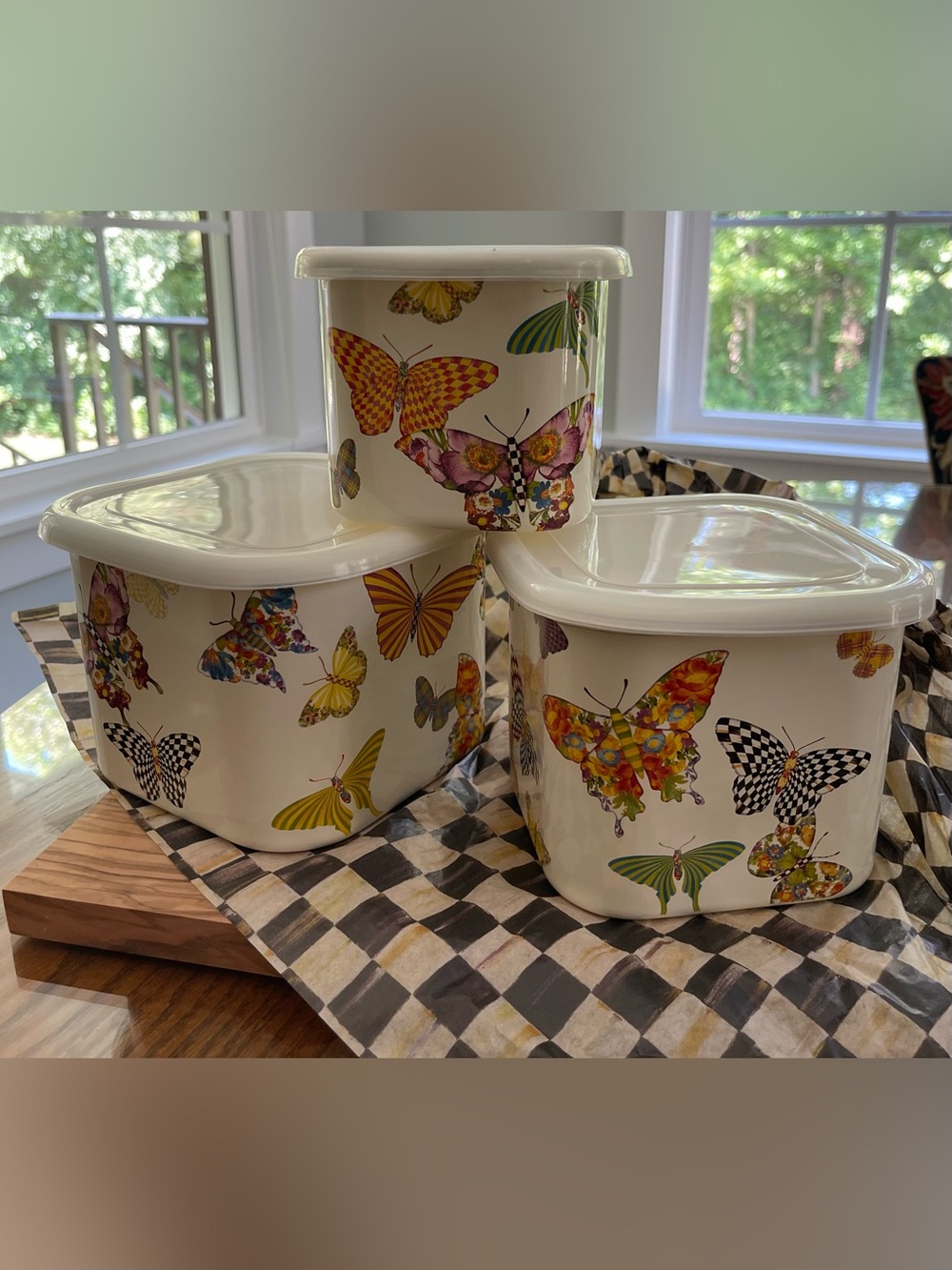 NWOT MacKenzie-Childs Butterfly Garden Nesting Enamel Set of 3 Canisters/Lids